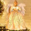 Christmas Angel Tree Topper with Feather Wings, Plug in Christmas Tree Ornament for Indoor Office Xmas New Year Holiday Tree Decoration