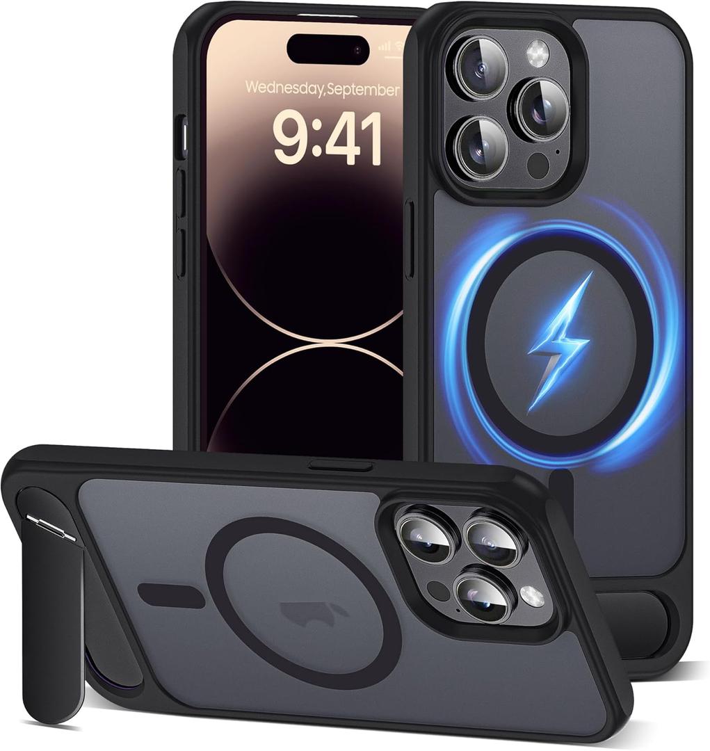 Compatible with iPhone 13 Case & iPhone 14 Case [Compatible with Mag-Safe][Adjustable Kickstand][Military Grade Drop Protection] Translucent Phone Case for iPhone 13 & iPhone 14,Black