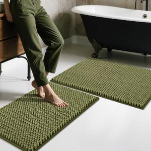 BSICPRO Bathroom Rugs Set 2 Piece-Chenille Bath Mats Non Slip-Thick Soft Absorbent Sage Bath Rug-Shower Floor Mat Machine Washable-Bathroom Decor Accessories (Olive Green, 20" x 32" Plus 16" x 24")