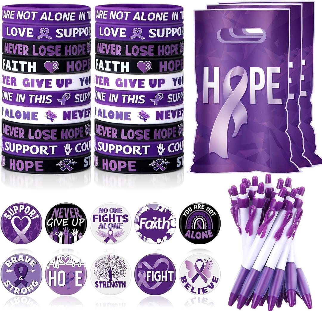 Supervitae 200 Pcs Purple Ribbon Awareness Accessories, Include 50 Ribbon Gift Bags 50 Purple Awareness Wristband 50 Pen 50 Button Pin for Campaign Support Supplies