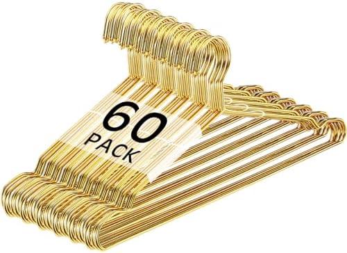 Suclain 60 Pack Gold Metal Wire Clothes Hangers 17.7 Inch Stainless Steel Heavy Duty Round Hook Thin for Coats, Blouses, Dresses