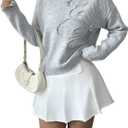 Women's 3D Floral Appliques Crewneck Sweaters Long Sleeve Drop Shoulder Pullovers Elegant Knit Tops (Grey) S