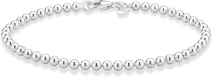 Miabella 925 Sterling Silver Italian Handmade 3mm Bead Ball Strand Chain Bracelet for Women Made in Italy