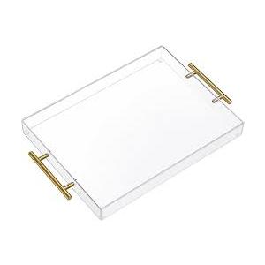 12"x16" Clear Acrylic Serving Tray with Golden Handles, Sturdy Huge Capacity Acrylic Tray for Coffee, Juice, Kitchen and Desk Organizer, Storage Tray (12"x16")