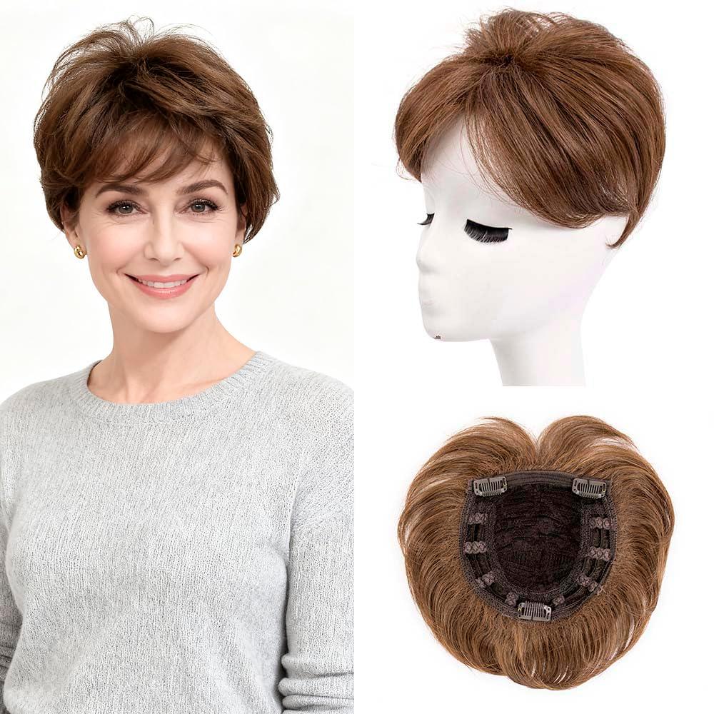 Short Hair Topper for Thinning Hair 5.5 Inch Short Pixie Cut Toppers Pieces Natural Curly Texture Synthetic Medium Caramel Brown Wiglets Hairpieces (5.5 inch)
