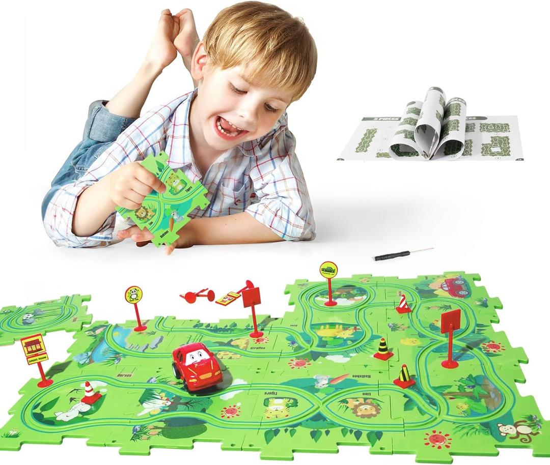 New Plastic Puzzles for Kids Ages 3-5 with A Cute Vehicle, Toddler Puzzles Gift, Critical Thinking Educational Toys, Toys for 3 4 5 6 Year Old Boys Girls, Fun Race Car Track Montessori Toys for Kids