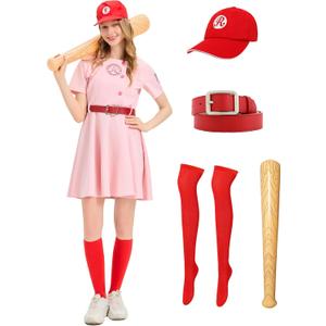 Women Baseball Costume PInk Baseball Dress Women League Costume Uniform Set with Hat Socks Inflatable Baseball Bat (Pink, XXL)