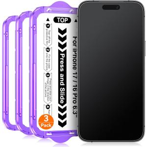 3 Pack for iPhone 17 / iPhone 16 Pro 6.3 inch Matte Glass Screen Protector, Auto Alignment Quick Fit Easy Installation, Anti Glare Anti Fingerprint Tempered Glass, Smooth Touch, Case Friendly