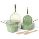 Martha Stewart Galway Premium Nonstick PFA Free Ceramic Interior 10 Piece Heavy Gauge Enamel Aluminum Pots and Pans Cookware Set W/Aluminum Lids - Sage Green W/Gold Handle