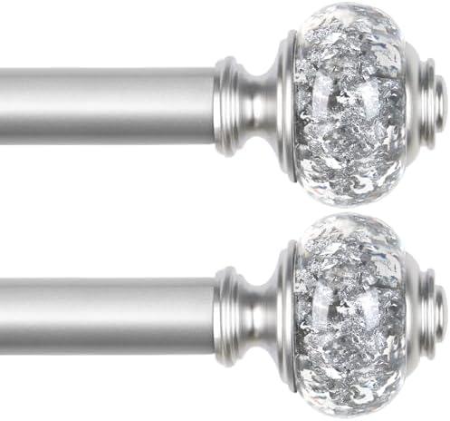 2 Pack Curtain Rod 32 to 58 Inches (2.6-4.8ft), USFOOK 7/8 inch Telescoping Splicing Curtain rods for Windows 20 to 54 Inch, Silver Decorative Drapery Rods for Home with Translucent Finials