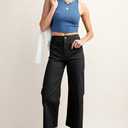miduo Womens High Waisted Cropped Wide Leg Stretchy Straight Pants Trousers with Pockets (Black)
