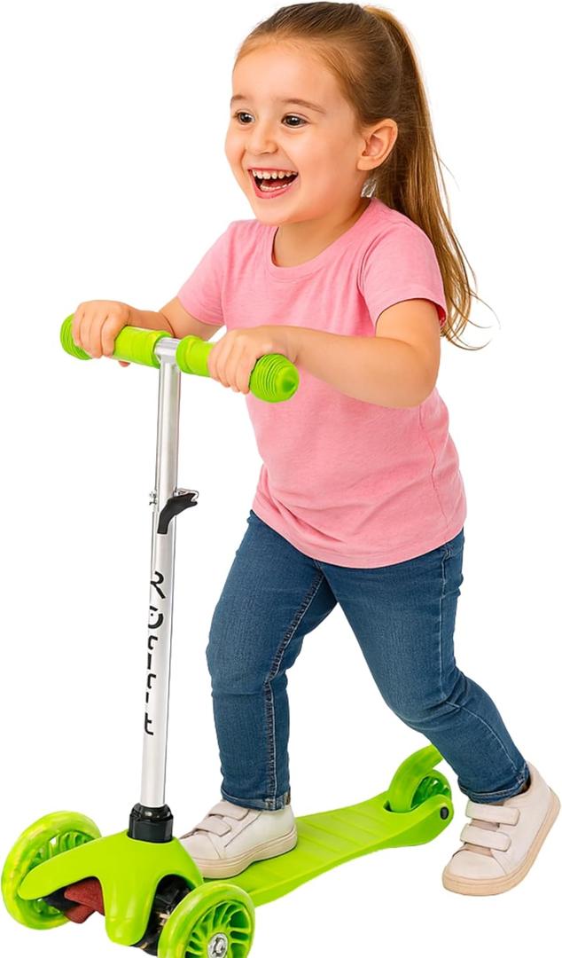 Kids Kick Scooter, LED Lighted Wheels and 3 Adjustable Height Handlebars, Lean-to-Steer & Widen Anti-Slip Deck, 3 Wheel Scooter for Boys & Girls Ages 3-6 and up to 85 Lbs (Green)