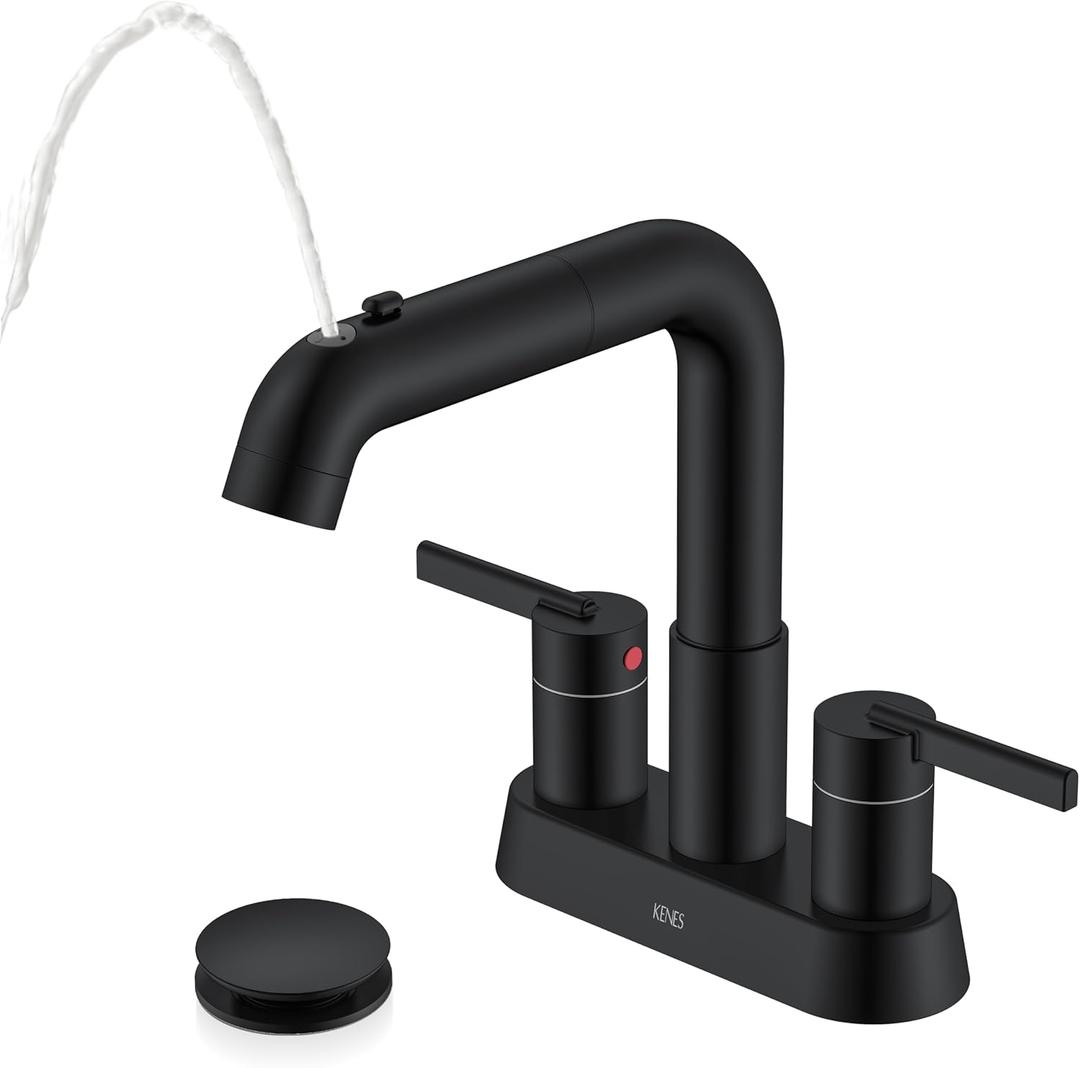 KENES Matte Black Centerset Bathroom Faucet with Pull Down Sprayer, 4 Inch 2 Handle Pull Out Bathroom Faucet 3 Hole, Bathroom Sink Faucet with Pop Up Drain & Supply Lines LJ-9059A-2