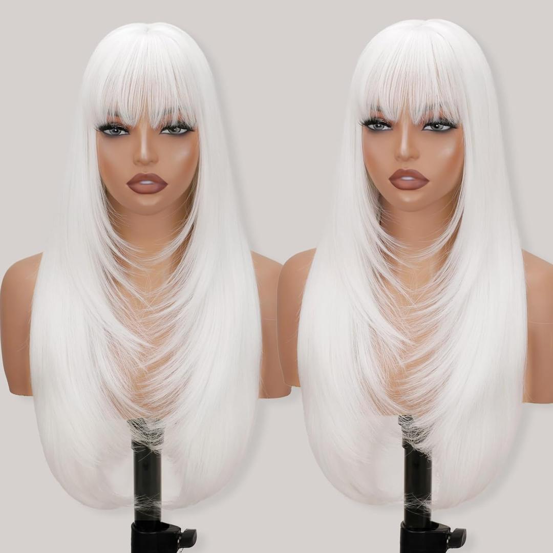 White Long Straight Layered Wig with Bangs for Women 26 inch Put on Go Realistic Synthetic Fiber Heat Resistant Natural Wig for Girls Party Cosplay and Daily Use