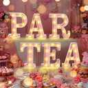 Set of 6 Pink Tea Party Decoration 8.6 Inch Glitter Partea LED Marquee Light up Sign Battery Powered Alphabet Letter Sign for Table Centerpieces Bedroom Birthday Wedding Party Supplies 