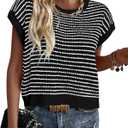 PRETTYGARDEN Womens Short Sleeve Sweater Spring Summer 2026 Round Neck Striped Pullover Cap Sleeve Knit Sweater Vest Tops (Black, S)
