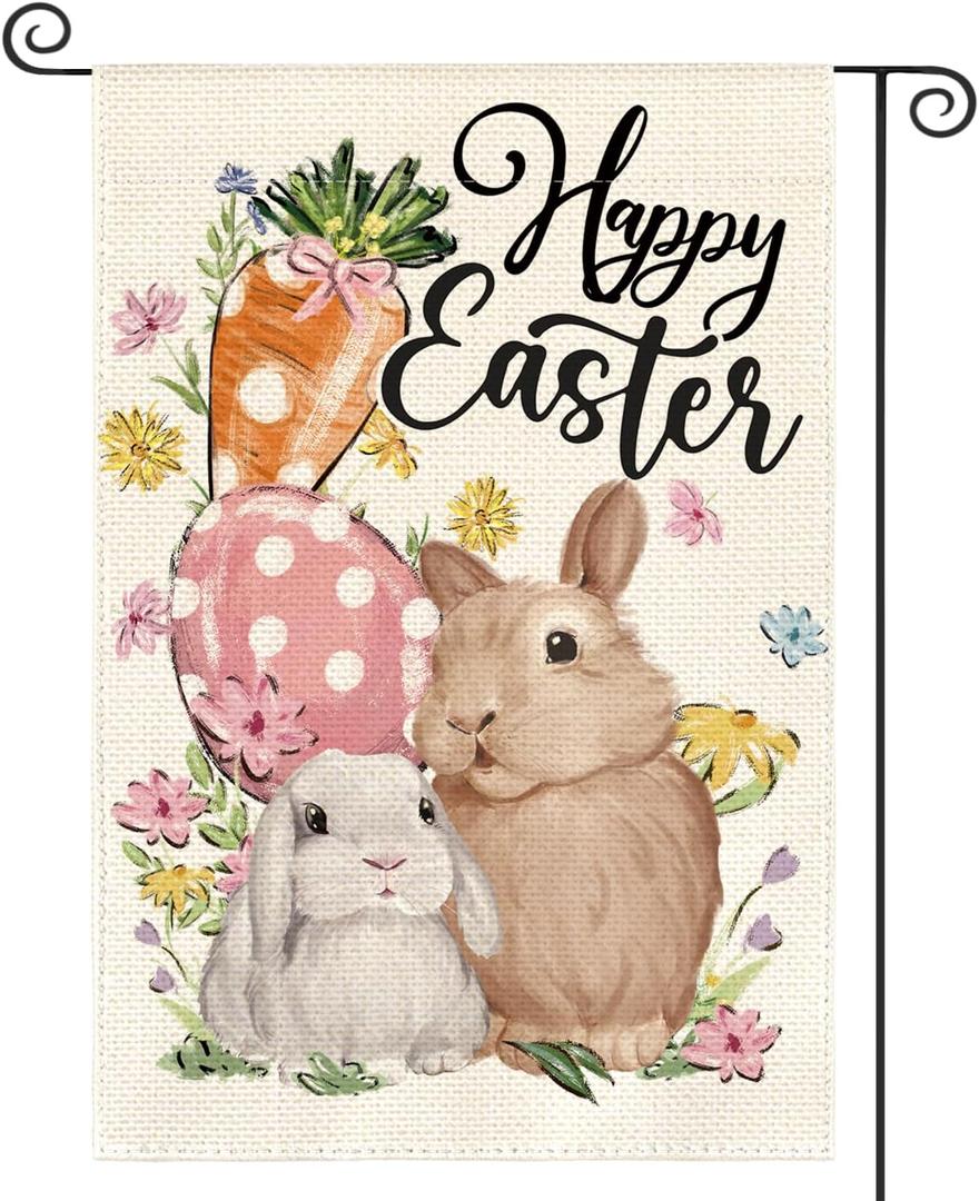 3 x AVOIN colorlife Happy Easter Garden Flag 12x18 Inch Double Sided Outside, Bunny Rabbit Carrot and Easter Egg Yard Outdoor Flag