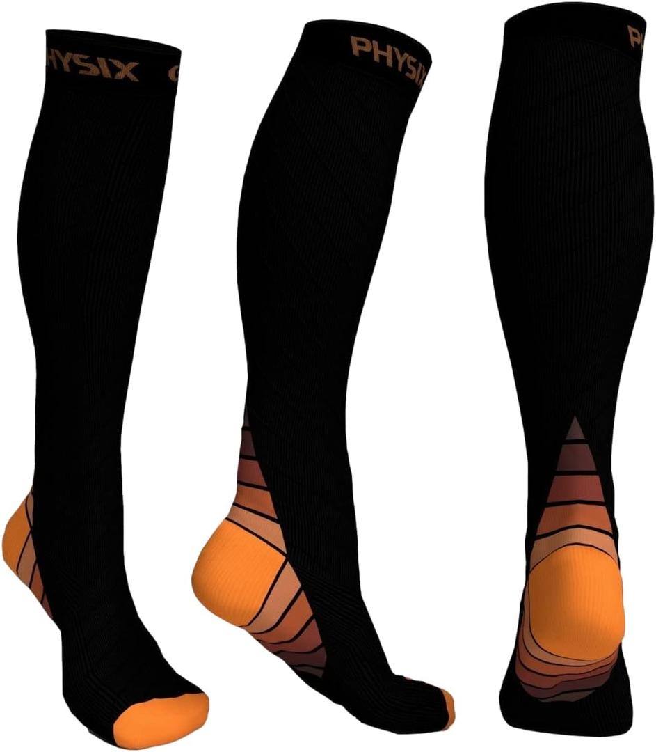 Physix Gear Compression Socks 20-30 mmHg - Men & Women - Running, Nurses, Shin Splints, Flight, Travel (Black/Orange)