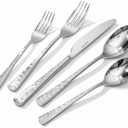 KINGSTONE Hammered Silverware Set, Flatware Set with Serving Utensils, 18/10 Stainless Steel Premium Cutlery with Unique Ripple Handles Design Mirror Polished - Dishwasher Safe (65-Piece)