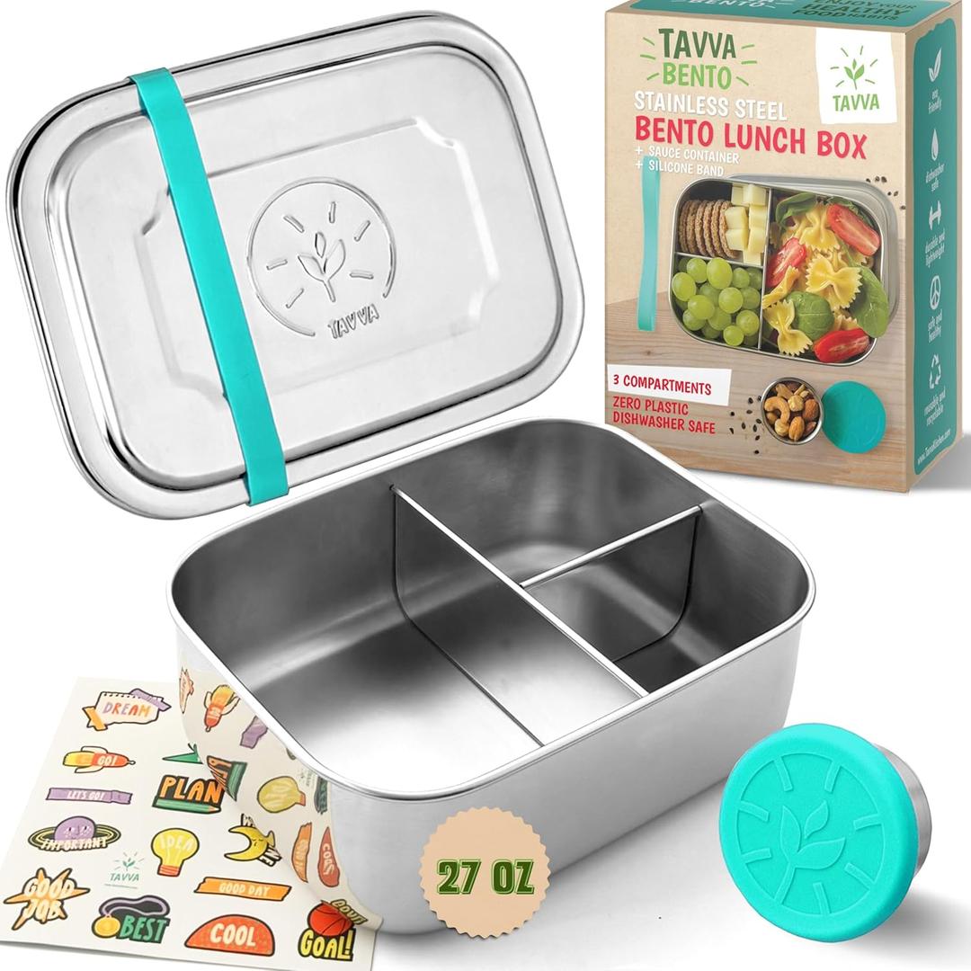 TAVVA Stainless Steel Bento Box for Kids [27oz] - Stainless Steel Lunch Box for Kids with Leakproof Condiment Container - 3 Compartment Snack Organizer for On the Go Meals - Freezer & Dishwasher Safe (Ocean)