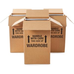 Amazon Basics Sturdy Wardrobe Moving Boxes with Hanger Bar for Packing Clothes, Easy to Assemble, With Handles, 20" x 20" x 34", Brown, 3-Pack