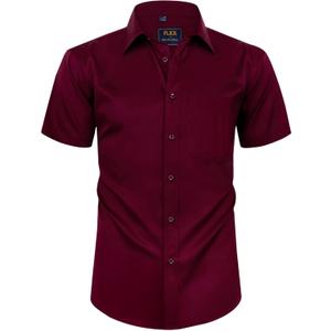 Alimens & Gentle Mens Short Sleeve Dress Shirts Wrinkle Free Solid Casual Button Down Shirts with Pocket (X-Large Tall, A-wine Red)