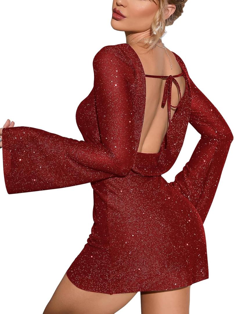 EYNMIN Sparkly Sequin Mini Dress Long Sleeve Backless Tie Glitter Short Going Out Dresses for Women (Small, Red)