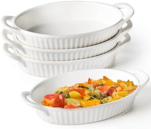 Pack of 3 Frewinky Au Gratin Baking Dishes,9-inch Ceramic Baking Dish Set with Handles Heat Resistant,Mini Casserole-Dishes for Oven, Porcelain Oval Baking Dishes for Gratin,Casserole and Roasting,White 