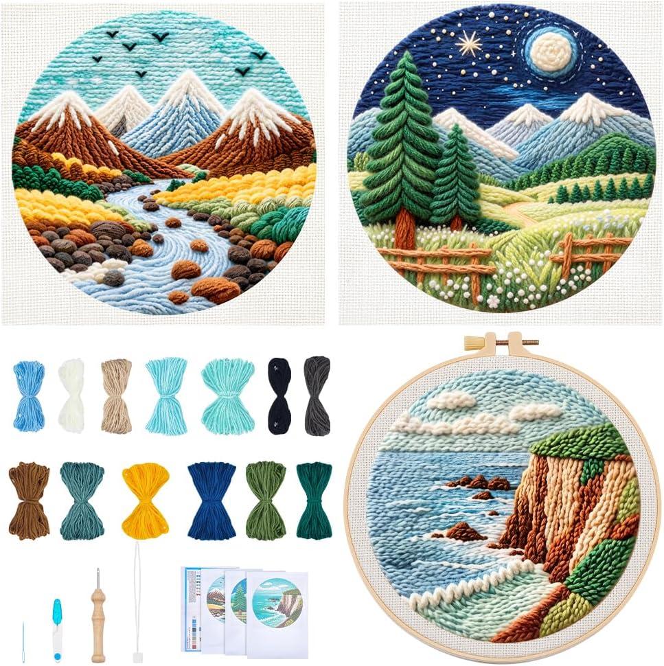BEUNITONE 3PCS Landscape Punch Needle Kit for Adults Beginners, Complete Craft Kit Needlepoint Kits for Adults with Hoop, Punch Needle Starter Craft Set for Cloth Festival Gift and Home Decor 20X20CM