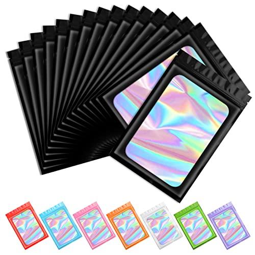 Funfery 100 pcs Black Mylar Holographic Bags Packaging Bags,Clear Resealable Bag Foil Pouch Bag for Food Storage and Lipgloss,Jewelry,Eyelash Packaging for Small Business(2.4x3.9Inch)