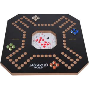 Jackaroo Board Game, 2-4 Player Cards and Marbles Board Game, Solid Wooden Game with 16 Glass Marbles and 52 Cards, Marble Strategy Game, Jokers and Marbles Game, Foldable Board with Carry Bag (Black)