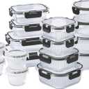 COOK WITH COLOR Premium 32-Pc. Borosilicate Glass Food Container Set with Dividers - 4 Rectangles, 8 Rounds, 4 Squares - Leakproof Lids - Meal Prep, Storage, Fluted Ombre Black