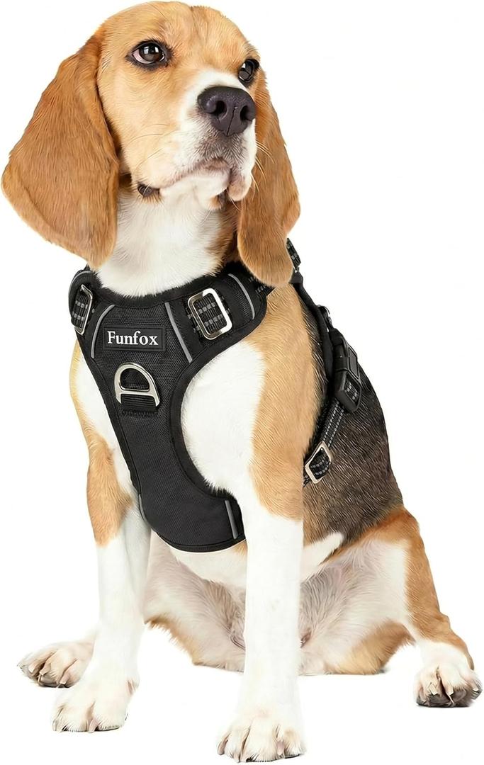 Funfox Dog Harness No Pull, Adjustable Pet Vest Harness, Super Soft Material with Vertical Handle Easy Control, Reflective Night Walking, 2 Leash Clips for Medium Sized Dogs, Black, M