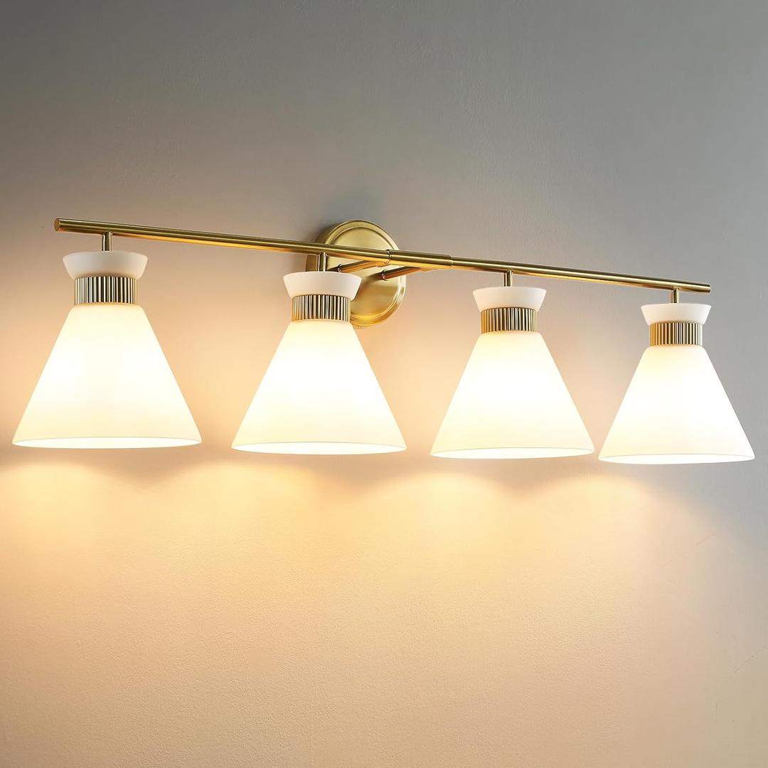 WOSHITU Bathroom Vanity Light Fixtures: 4 Bulb Mid Century Modern Vanity Lights for Bathroom, Brass Gold Wall Sconce Lighting with Frosted Milky Glass for Over Mirror Bath