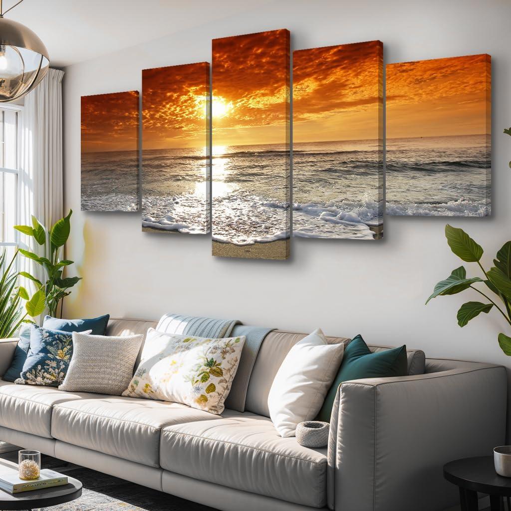 Grand Sight Extra Large 5 Panels Modern Landscape Artwork Seascape Giclee Canvas Prints Sea Beach Pictures to Photo Paintings on Canvas Wall Art for Home Decorations Wall Decor, 16x24inchx2,16x32inchx2,16x40x1