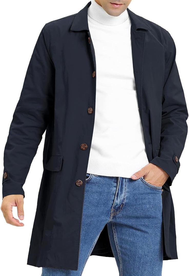 Coutgo Mens Trench Coat Single Breasted Long Jacket Windbreaker Overcoat (Blue, M)
