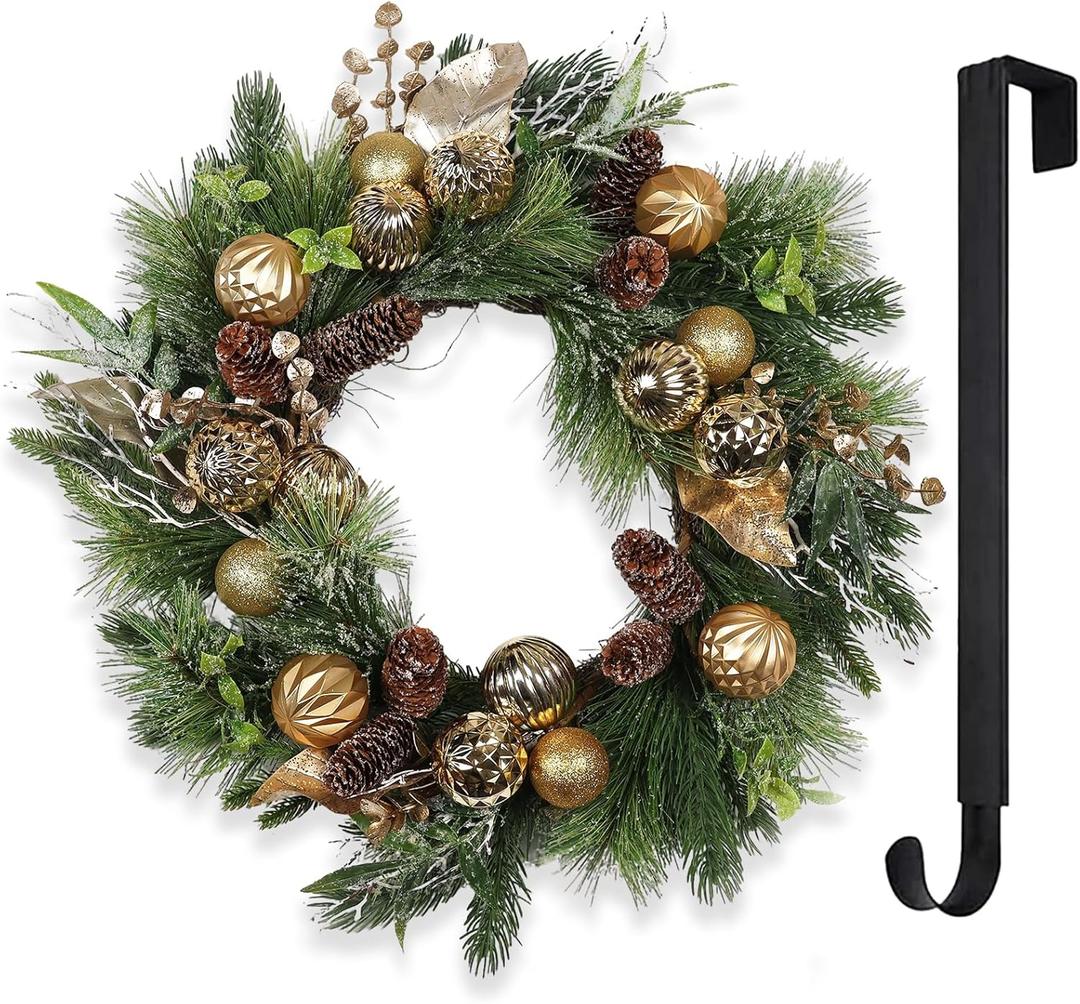 YUGALI 24” Christmas Wreath for Front Door with Lights Hanger Golden Ball Artificial Frosted Evergreen Pine Cones Gilded Forest Foliage Winter Outdoor Décor Indoor Wall Decorations