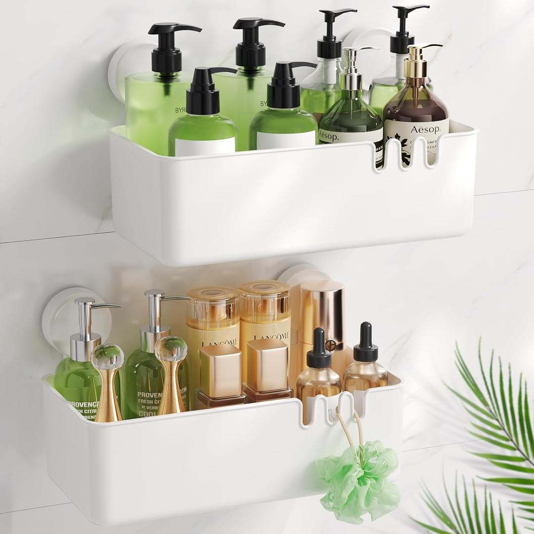 LUXEAR Shower Caddy Suction Cup Shower Basket 2 Pack, NO-Drilling Removable Plastic Shower Shelf Organizer for Bathroom Storage & Kitchen Max Hold 22lbs, Waterproof, One Second Installation Shower Rack