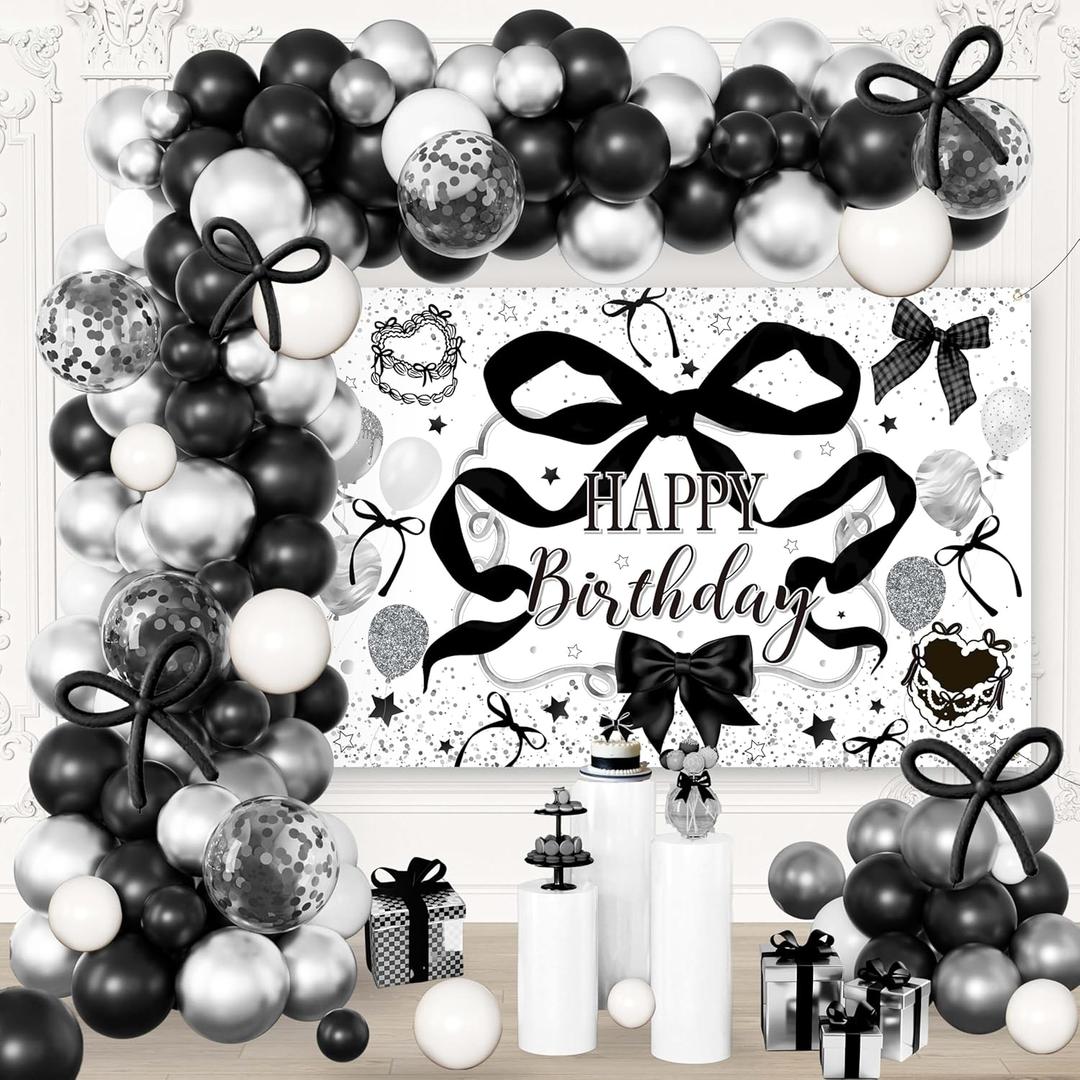 Black Bow Themed Birthday Party Decorations Set - Balloons Arch Garland Suitable for Women, Girls