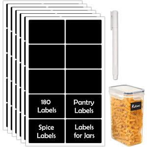 JIEHENG 180Pcs Chalkboard Labels for Jars, Waterproof Reusable Blackboard Stickers with 1 Liquid Chalk Markers, Kitchen Organization Labels Removable (Black, Rectangle)
