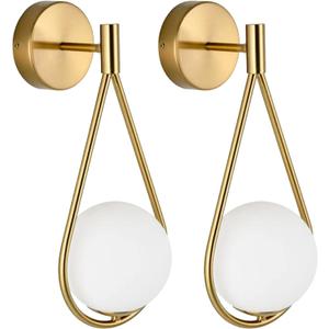 Mid-Century Modern Wall Sconces Set of 2, Gold Wall Sconce with Milky White Glass Globe Shade, Brushed Brass Globe Wall Light for Bathroom Bedroom Hallway