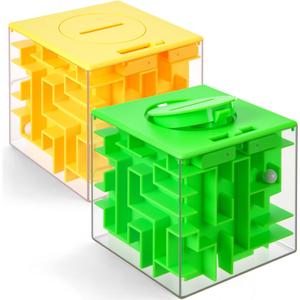 Patelai 2 Pieces 3.03 Inch Money Holder Maze Puzzle Gift Box, Christmas Money Gift Holder Box Fun Maze Puzzle Brain Teasers for Adults(Green, Yellow)