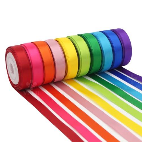 MEEDEE 3/8 Inch Satin Ribbon Set – 10 Rolls Rainbow Double Face Ribbon for Gift Wrapping, 5 Yards Each (Total 50 Yards), Decorative Ribbon for Presents & Party Favors