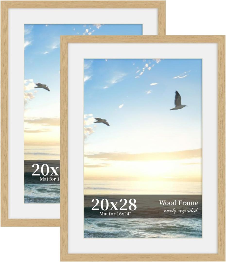 20x28 Picture Frame Set of 2, Wood Frame with Real Glass, Wide Border, 20X28 in