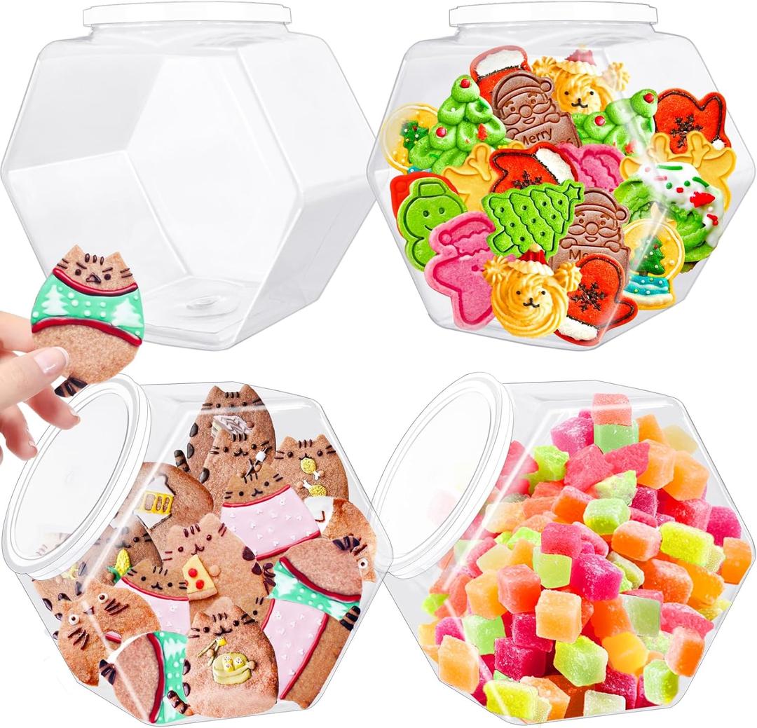 3 Pack Hexagon Plastic Candy Jars,72oz Clear Cookie Jar with Lid for Dry Food, Snacks, Candies, Cookies, Dog Treats, Laundry Pods, Coffee Pods, Craft Supplies