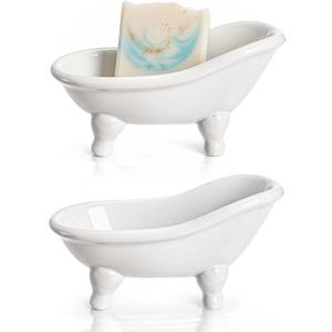 DEAYOU 2 Pack Ceramic Bathtub Soap Dish, 5.6" Mini Bar Soap Holder with Drain, Small Cute Kitchen Sponge Tray for Shower, Bathroom, Decor, Counter, Hamster, Mini Planter, Makeup Container, White
