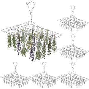 6 Pcs Stainless Steel Clothing Drying Rack, Hanging Drying Rack with Clips, Foldable Swivel Dryer Windproof Hook for Plants Flowers Towel Lingerie Sock Laundry