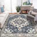Washable Living Room Area Rug - 8 x 10 Stain Resistant Medallion Soft Bedroom Rugs Distressed Design Non Shedding Carpet for Indoor Outdoor Floor Coverings (8x10 Blue)