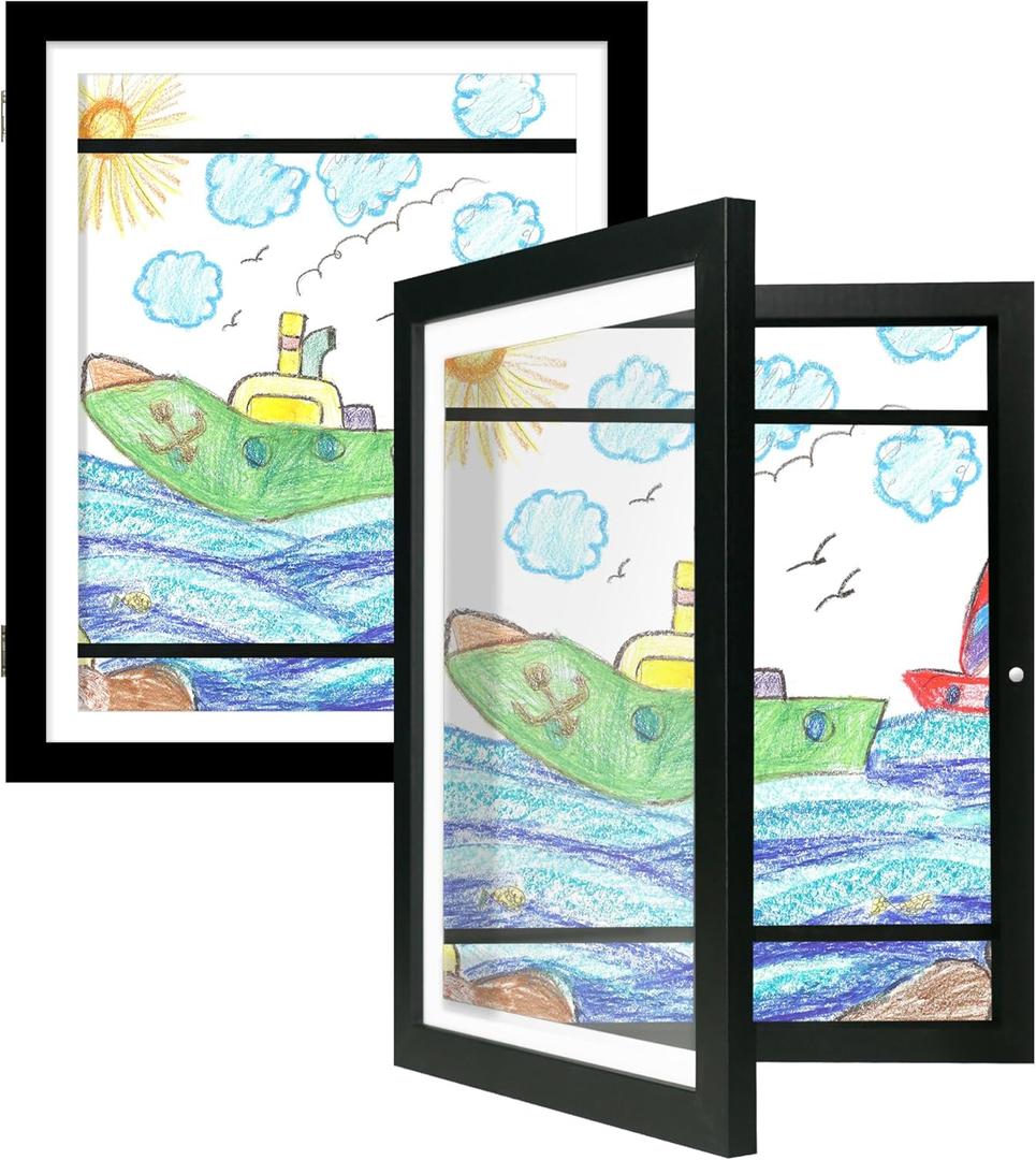 Kids Art Frames 10x12.5 Set of 2 - Front Opening Childrens Picture Frame Changeable, Wood Artwork Display Storage for Wall Mount, Magnetic Door Holds 50 Art Pieces for Drawings, 3D Picture, Crafts, Portfolio, Black