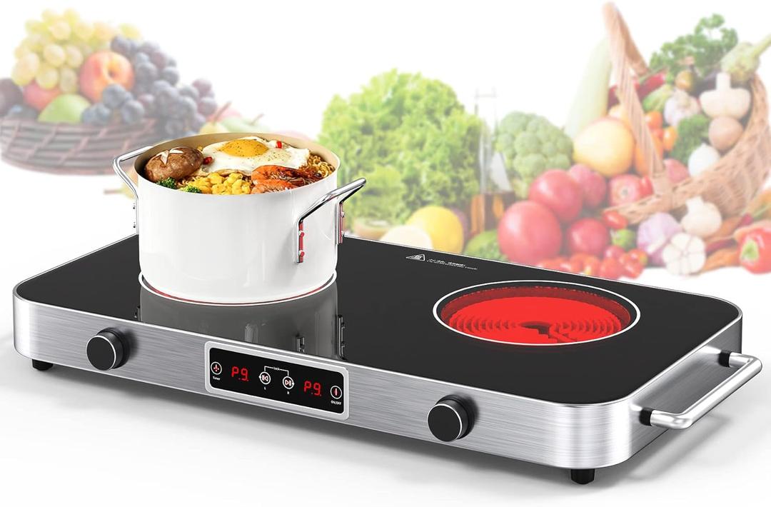 VBGK Electric Cooktop,110V 2200W Electric Stove with Knob Control,9 Power Levels, Kids Lock & Timer,LED touch control,Overheat Protection Electric Stove Top,12 Inch desktop 2 burner electric cooktop